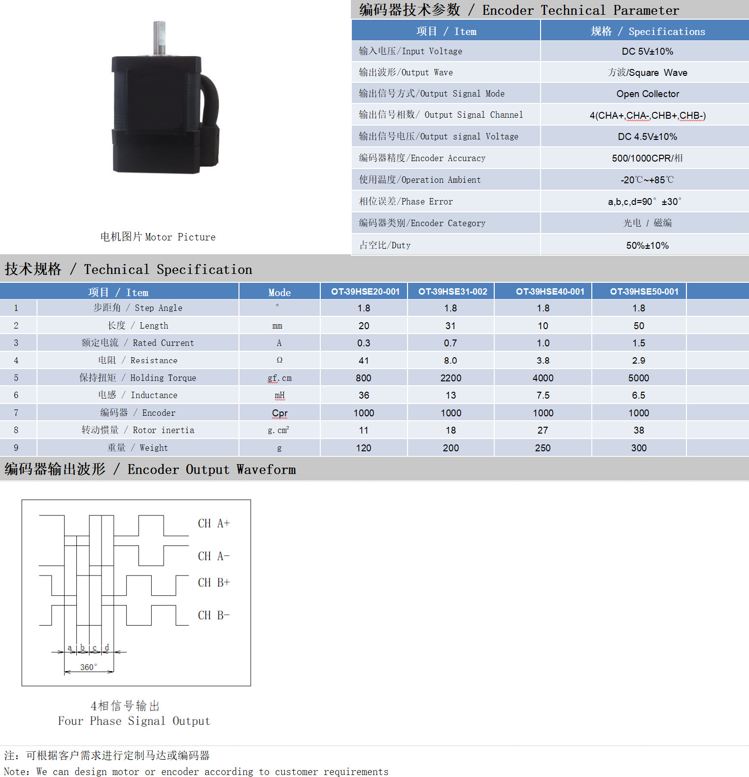 39系列1.8°两相闭环步进电机技术参数