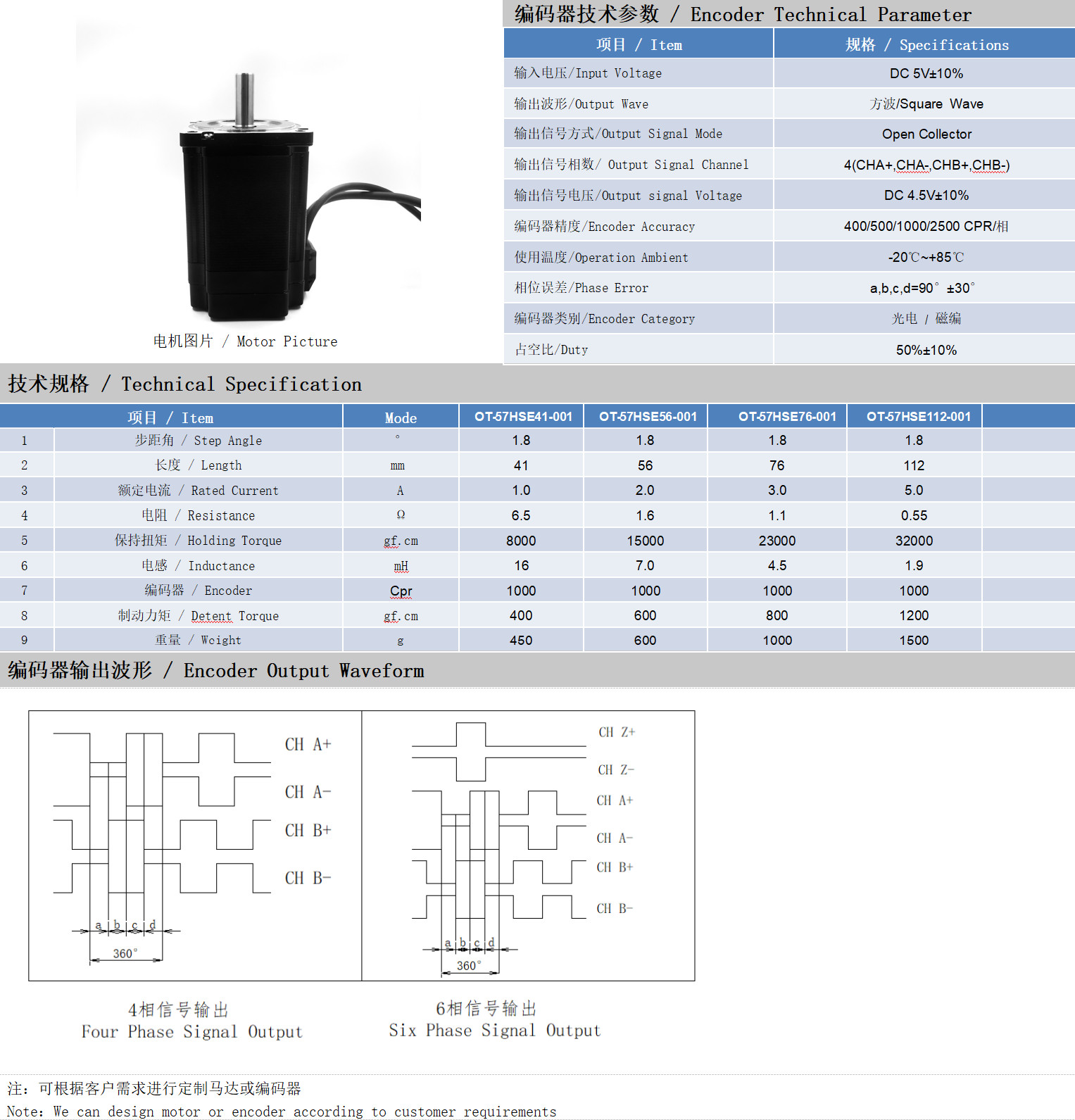 57系列1.8°两相闭环步进电机技术参数